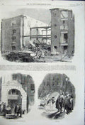 Old Antique Print 1858 Ruins Buildings London Docks Fire Station Chandos 19th