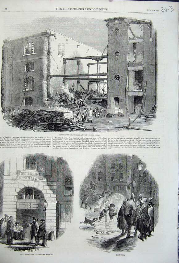 Old Antique Print 1858 Ruins Buildings London Docks Fire Station Chandos 19th