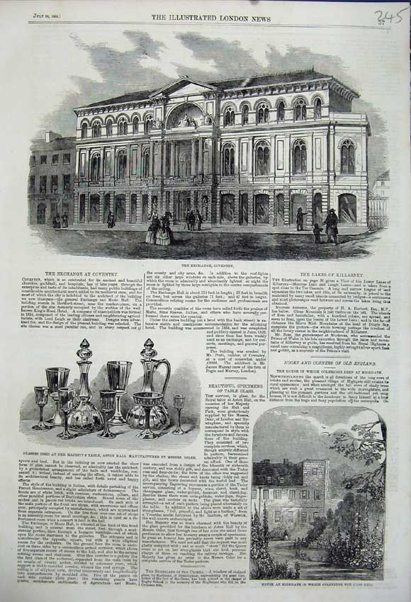 Old Antique Print 1858 Exchange Coventry Highgate House Coleridge Glasses 19th