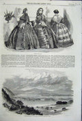 Original Old Antique Print 1858 Womens Fashion Dresses Mucross Lake Killarney