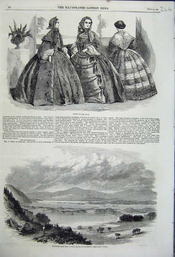 Original Old Antique Print 1858 Womens Fashion Dresses Mucross Lake Killarney