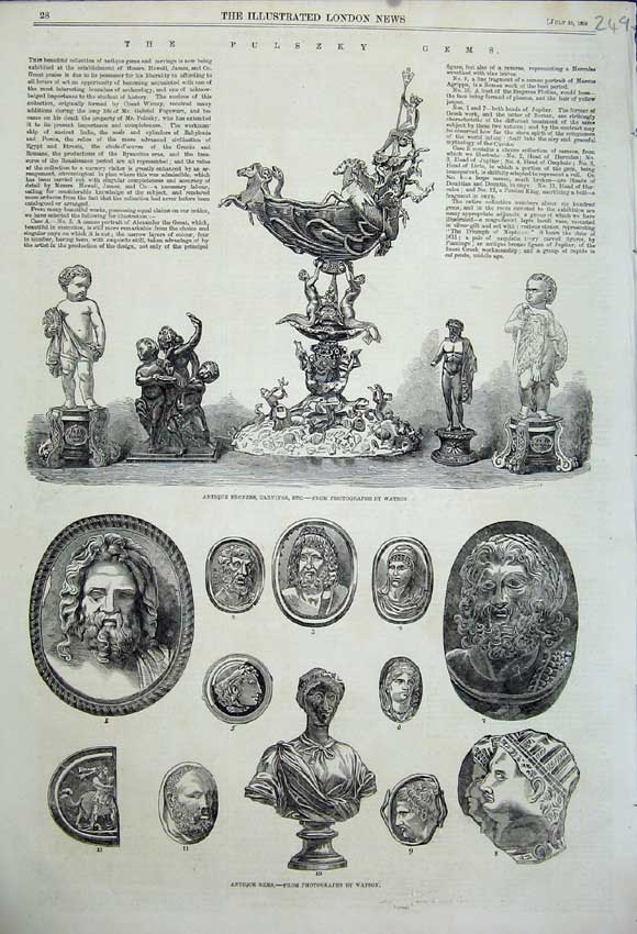 Original Old Antique Print 1858 Pulszky Gems S Bronzes Carvings Watson Art 19th