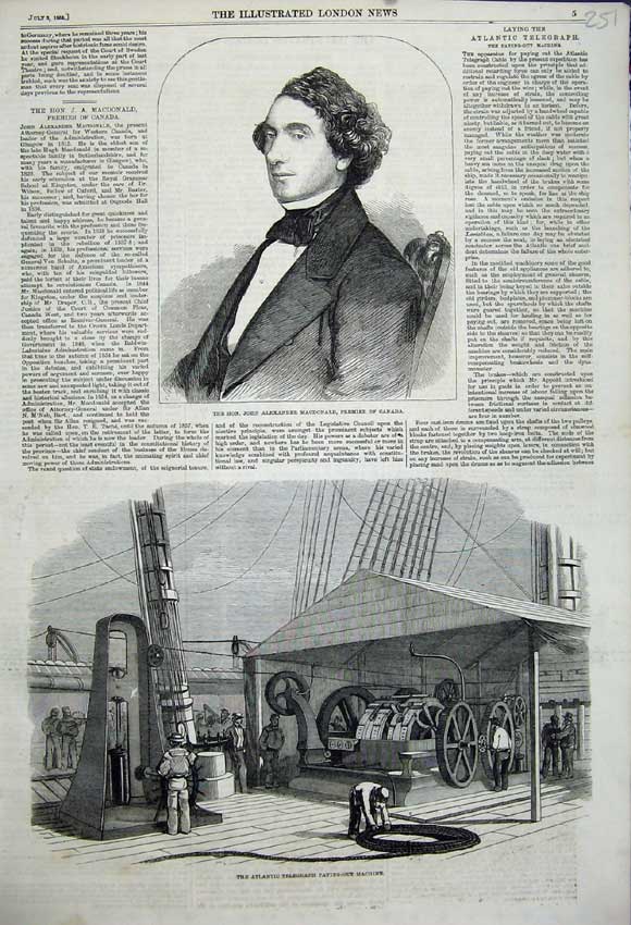 Old Antique Print 1858 John Macdonald Canada Atlantic Telegraph Machine 19th