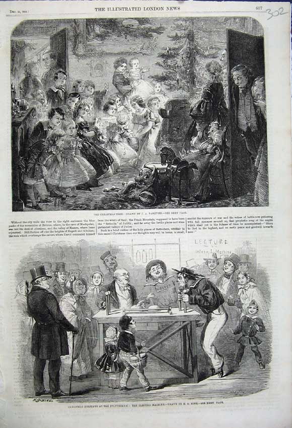 Original Old Antique Print 1858 Christmas Holidays Polytechnic Electric Machine