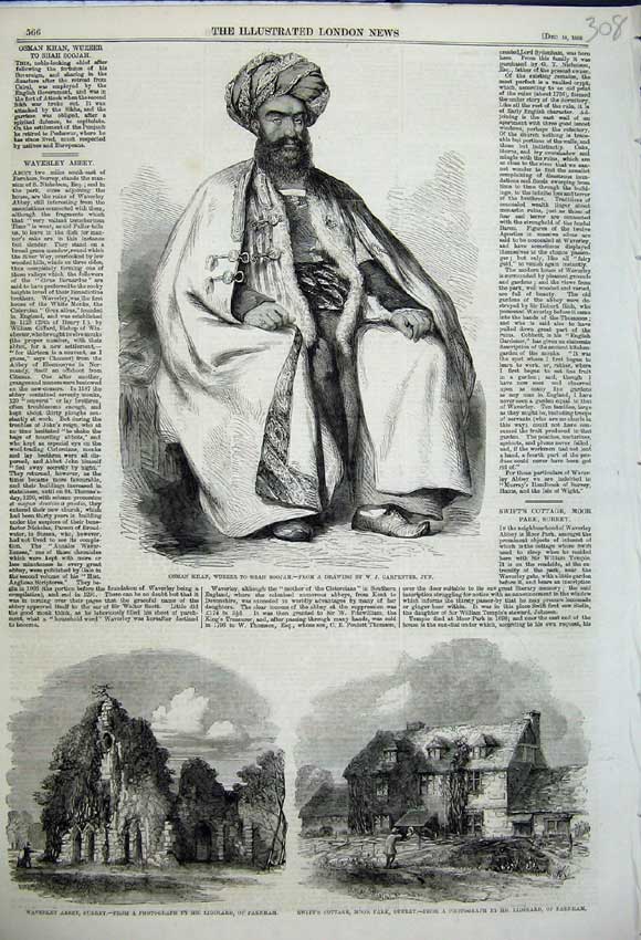 Old Antique Print Osman Khan Waverley Abbey Surrey Swift'S Cottage 1858 19th