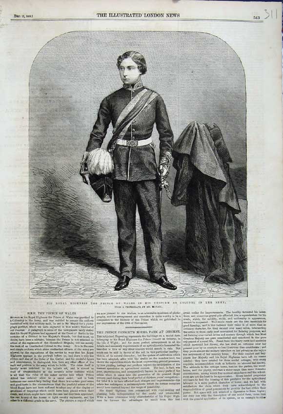 Old Antique Print 1858 Royal Highness Prince Wales Uniform Colonel Army 19th