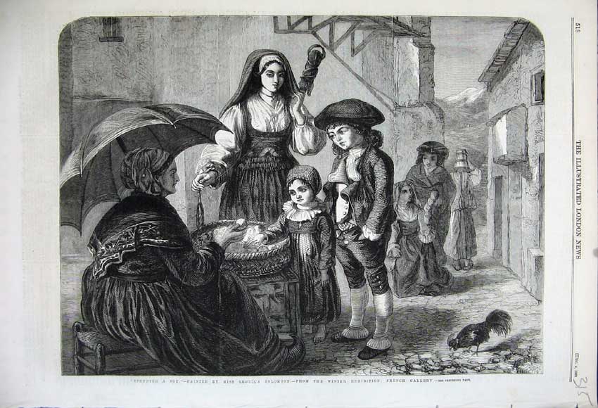 Original Old Antique Print 1858 Spending Sou Lady Eggs Children Street Solomons