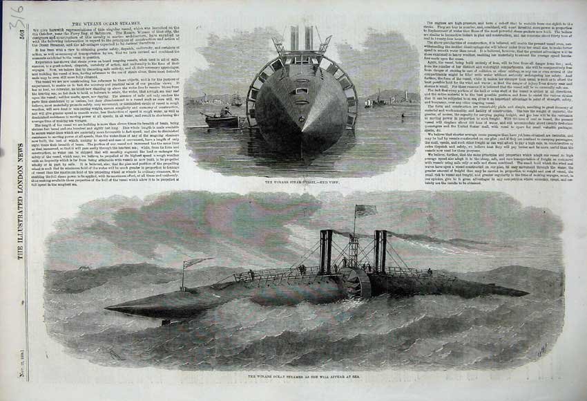Original Old Antique Print 1858 Winians Steam Vessel Ship Sea American Flag Art