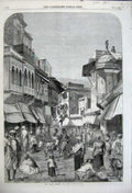Old Antique Print 1858View Main Street Agra Cattle People Buildings India 19th
