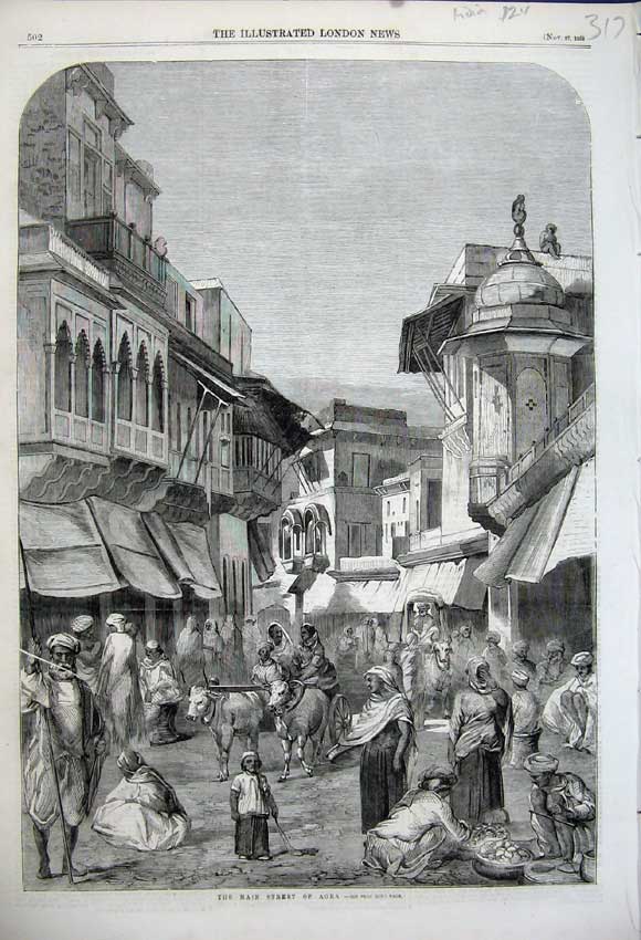 Old Antique Print 1858View Main Street Agra Cattle People Buildings India 19th