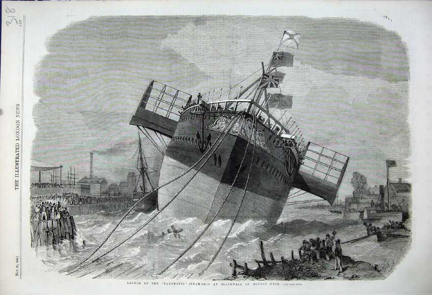Old Antique Print 1858 Launch Steam Ship Paramatta Blackwall British Flag 19th