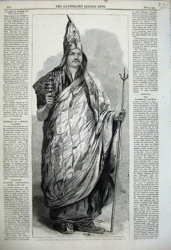 Old Antique Print 1858 Lama Dalai Sect Thibet Praying Wheel Trident Man 19th