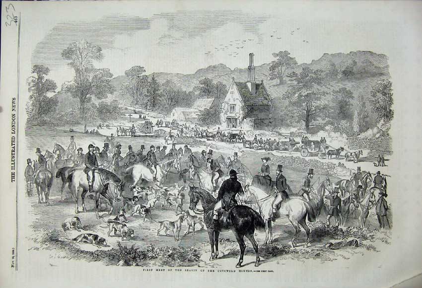 Original Old Antique Print 1858 Hunting Season CotswHounds Dogs Horses Sport