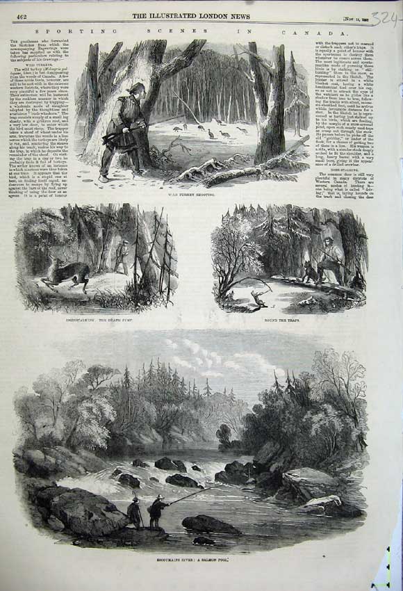 Old Antique Print 1858 Canada Turkey Shooting Escoumains River Salmon Men 19th