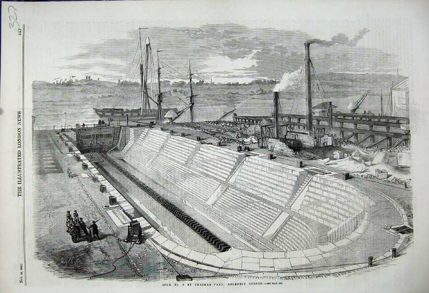Original Old Antique Print 1858 Ships Docks Chatham Yard London Men Fine Art