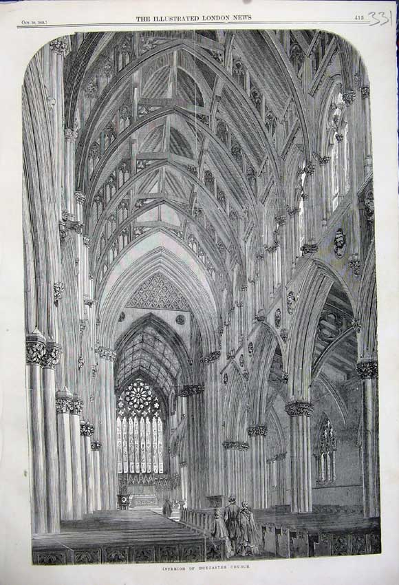Original Old Antique Print Fine Art 1858 Interior Doncaster Church Architecture