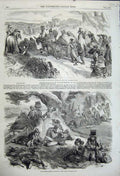 Old Antique Print 1858 Hop Picking Men Women Working Horse Cart Resting 19th