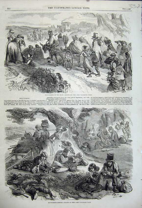 Old Antique Print 1858 Hop Picking Men Women Working Horse Cart Resting 19th