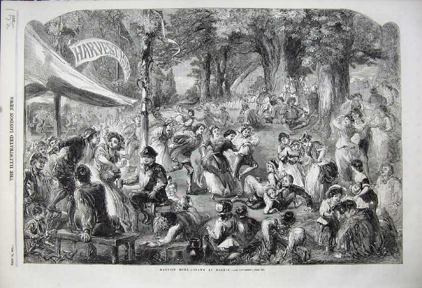 Old Antique Print 1858 Harvest Home Families Celebration Dancing Fine Art 19th