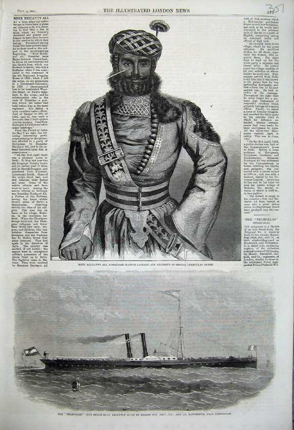 Original Old Antique Print 1858 Rissaldar Bengal Horse Army Telegraaf Iron Ship