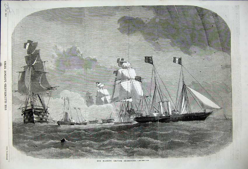 Old Antique Print 1858 Majesty Queen Sailing Ship Sea Cherbourg Fine Art 19th