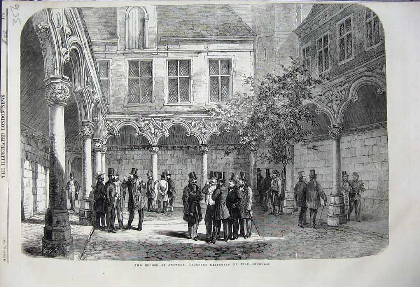 Old Antique Print 1858 Bourse Antwerp Men Suits Meeting Architecture Art 19th