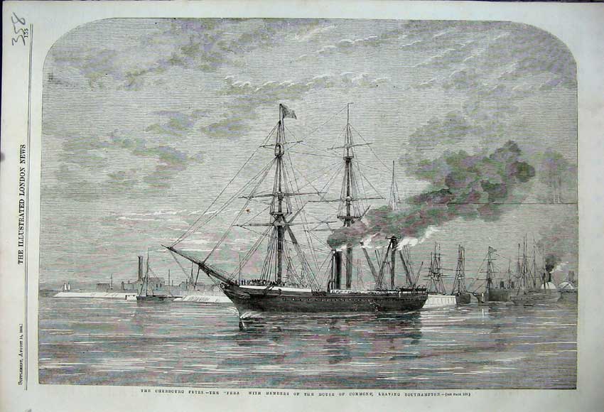 Original Old Antique Print 1858 Cherbourg Ships Pera House Commons Southampton