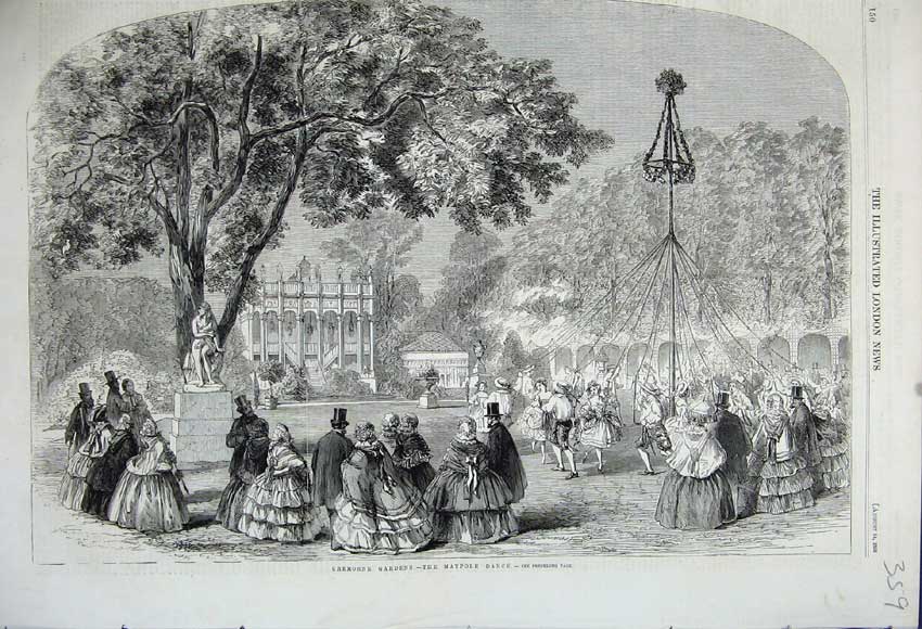 Old Antique Print 1858 Cremorne Gardens Maypole Dance People Tree Statue 19th