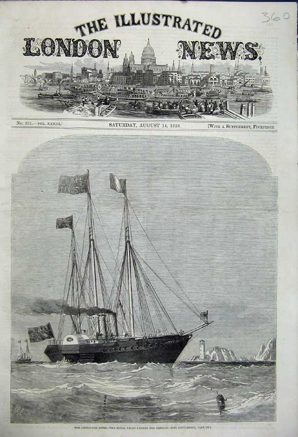 Old Antique Print 1858 Cherbourg 1858 Royal Yachts Needles Sailing Ships 19th