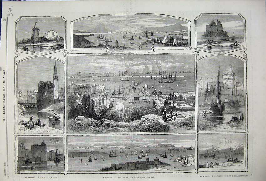 Old Antique Print 1858 France Toulon Cherbourg Havre Caen Ports Ships Art 19th