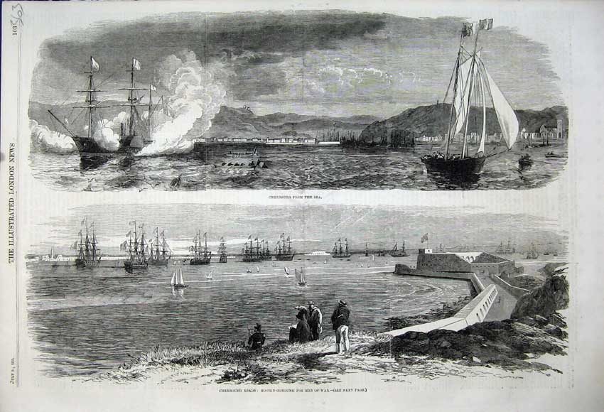 Original Old Antique Print 1858 Cherbourg France Mooring Ground War Ships Sea