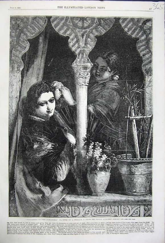 Old Antique Print 1858 Fine Art Daughters Alhambra Women Phillip Flowers 19th
