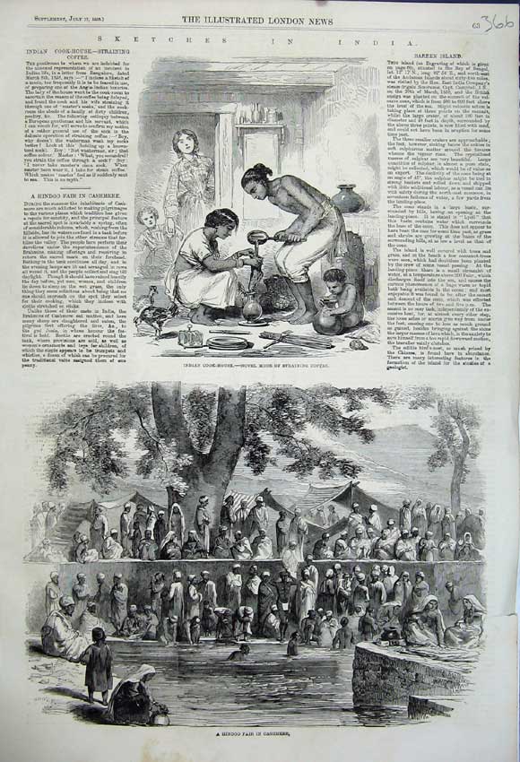 Original Old Antique Print 1858 Hindoo Fair Cashmere India Cook House Coffee