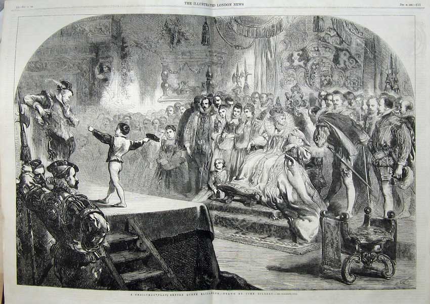 Antique Old Print 1858Christmas Pantomime Queen Elizabeth Theatre Gilbert 19th
