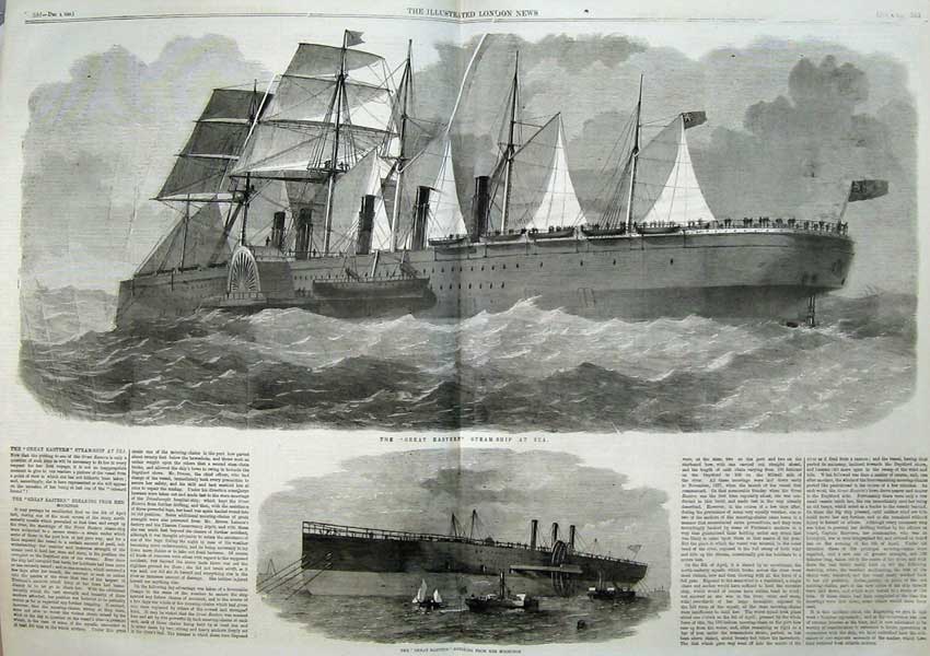 Antique Old Print 1858 Fine Art Great Eastern Steam Ship Breaking Mooring 19th