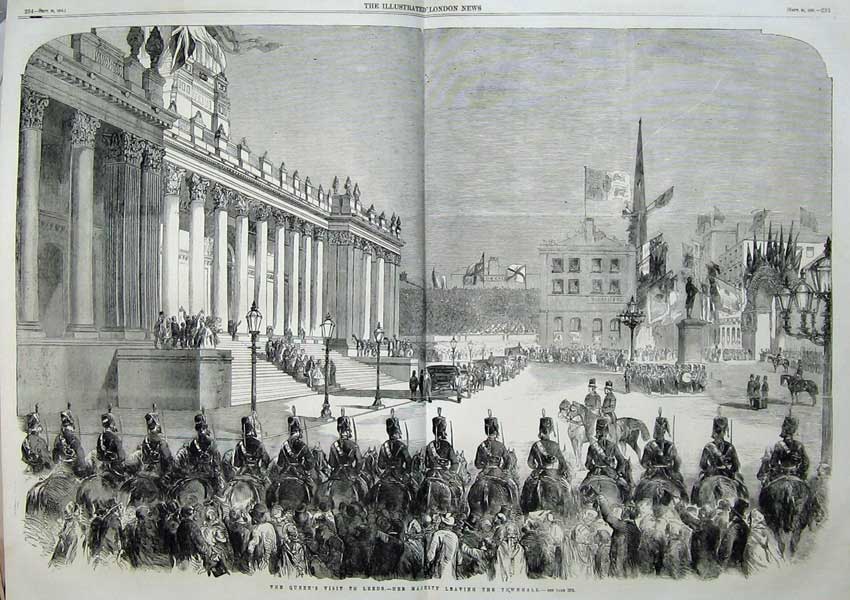 Antique Old Print 1858 Majesty Queen Visit Leeds Army Horses Townhall Art 19th