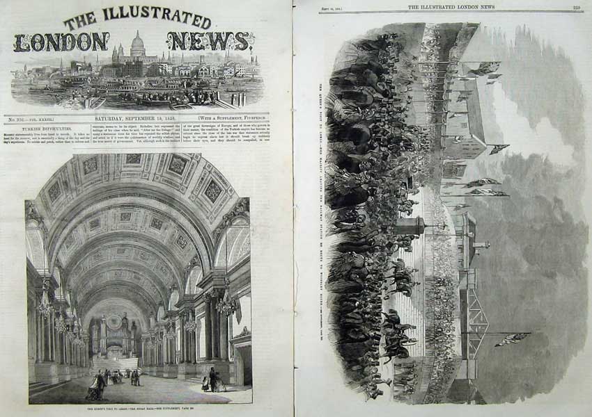 Antique Old Print Queen Leeds 1858 Great Hall Railway Station Horse Coach 19th