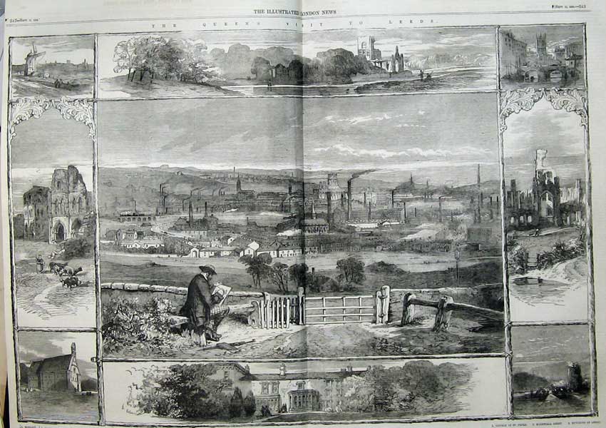 Old Antique Print Queen Leeds 1858 Kirkstall Abbey Beeston Hall Farnley 19th