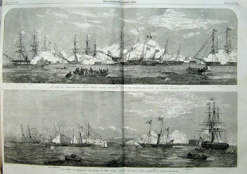 Antique Old Print Cherbourg 1858 Queen Ships Fairy Napoleon Victoria Jena 19th