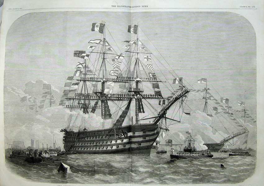 Original Old Antique Print Fine Art 1858 Cherbourg Queen Emperor Ship Bretange