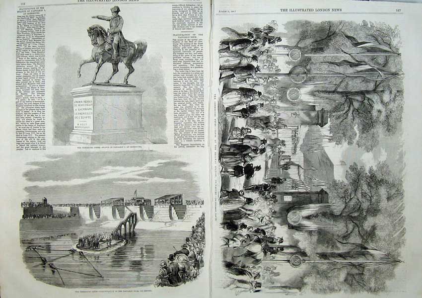 Antique Old Print Cherbourg 1858 Railway Station Statue Naploeon Dock Sea 19th