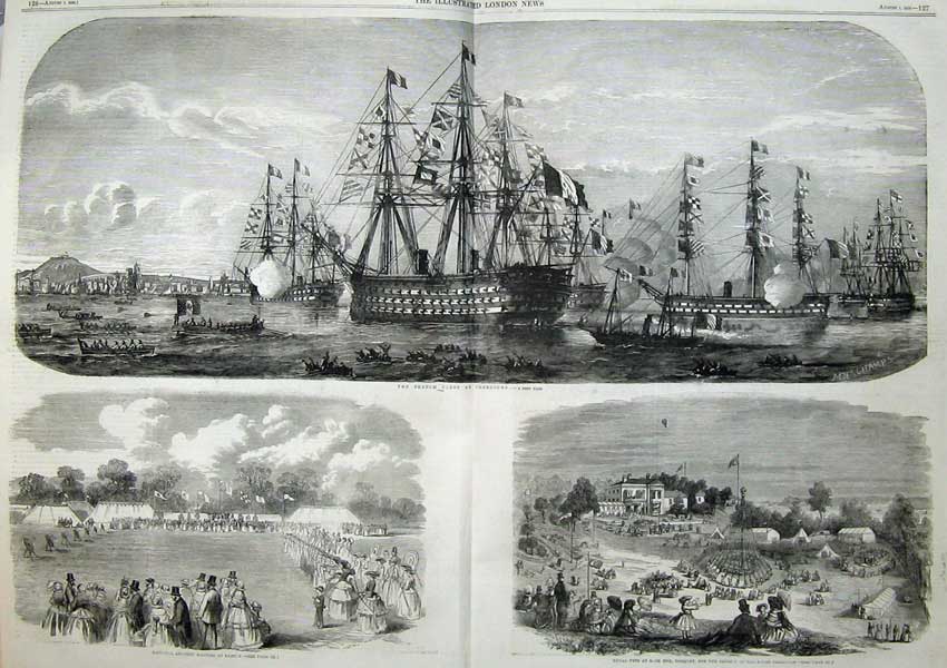 Antique Old Print Ships1858 French Fleet Cherbourg Archery Exeter Torquay 19th