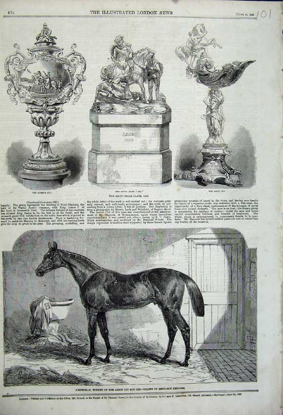 Old Antique Print 1859 Fisherman Horse Winner Ascot Prize Plate Cup Queen 19th