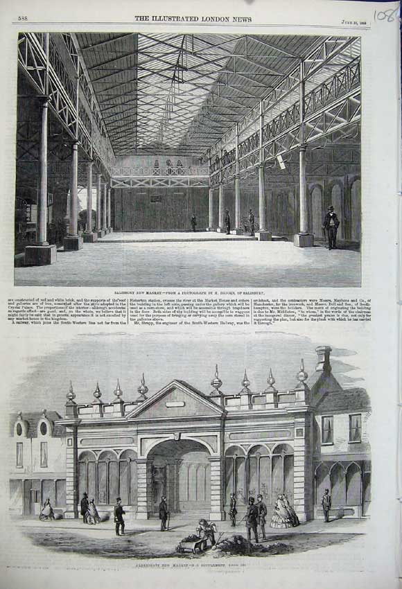 Original Old Antique Print 1859 Salisbury New Market Aldershot Brooks Buildings