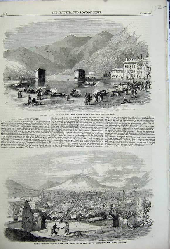 Original Old Antique Print 1859 War Port Lake Como City Quito Convent San Juan