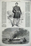 Old Antique Print 1859 War General Forey Montebello Ship Burning Monarch 19th