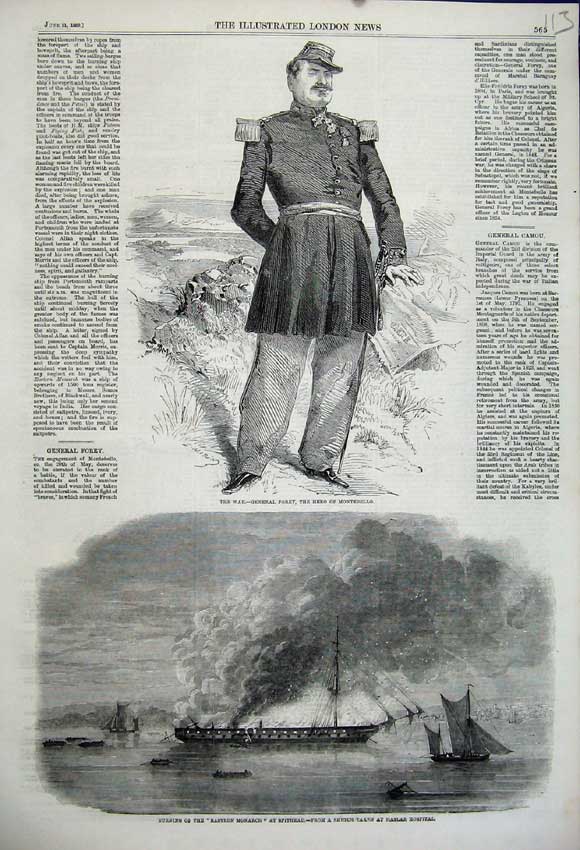 Old Antique Print 1859 War General Forey Montebello Ship Burning Monarch 19th