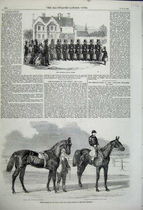 Old Antique Print Derby Oaks Horse Musjid Sport 1859 Victoria Rifle Corps 19th