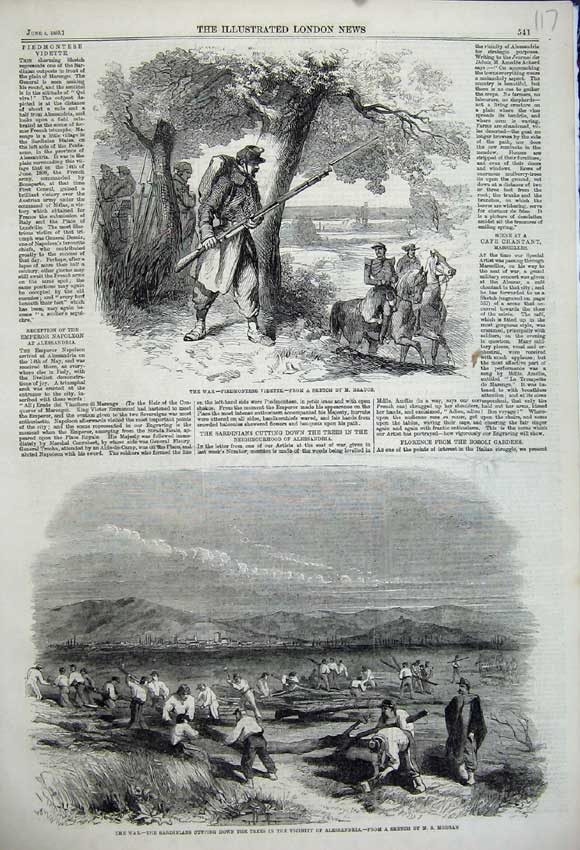 Old Antique Print 1859 War Piedmontese Vidette Sardinians Cutting Trees 19th