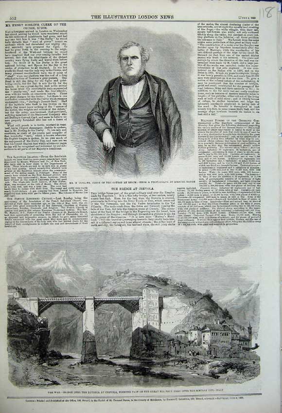 Old Antique Print Portrait Mr Dorling Clerk Epsom 1859 Bridge Doveria War 19th